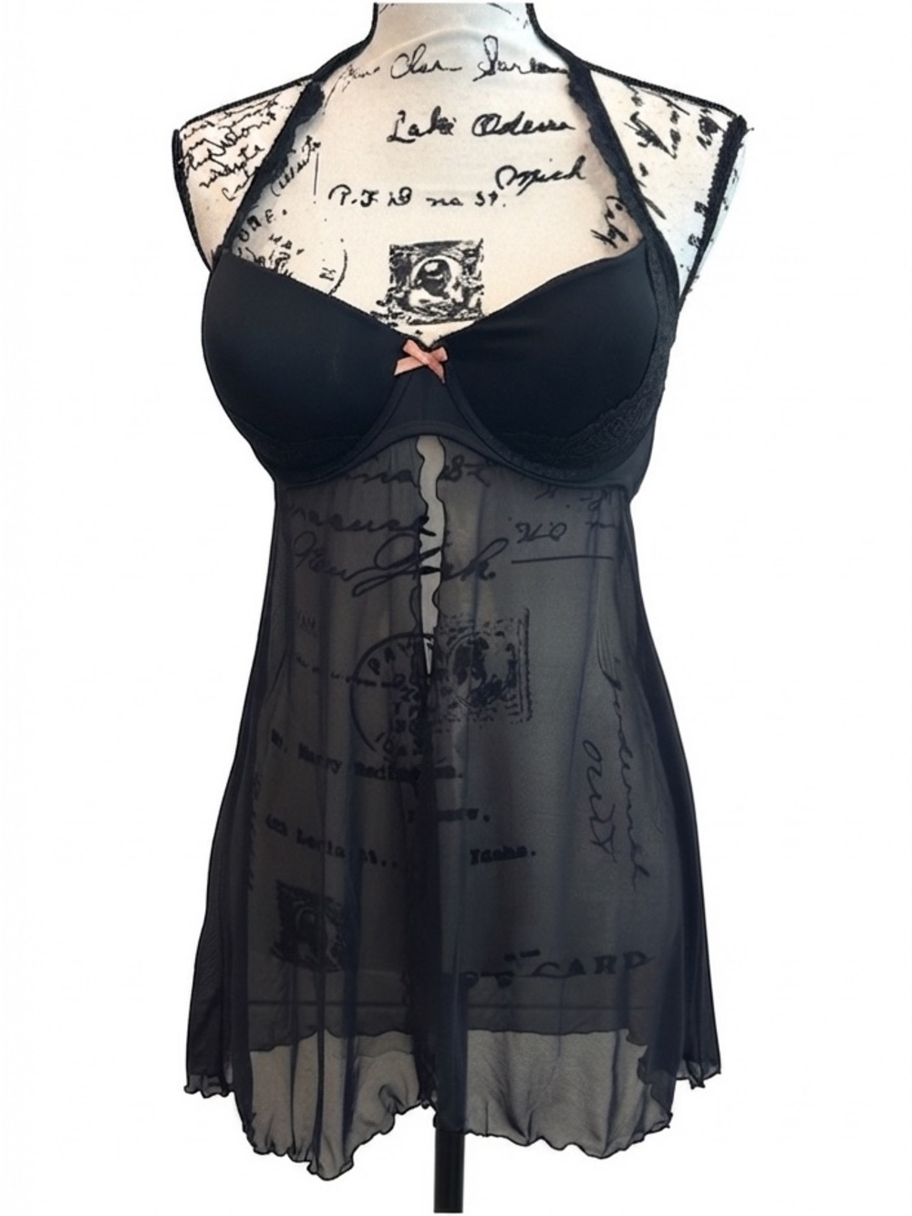 Gilligan & O'Malley Black Sheer Babydoll Chemise with Pink Bow large